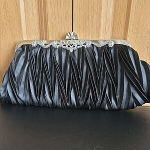 Elegant Black Satin Evening Clutch with Crystal Accent